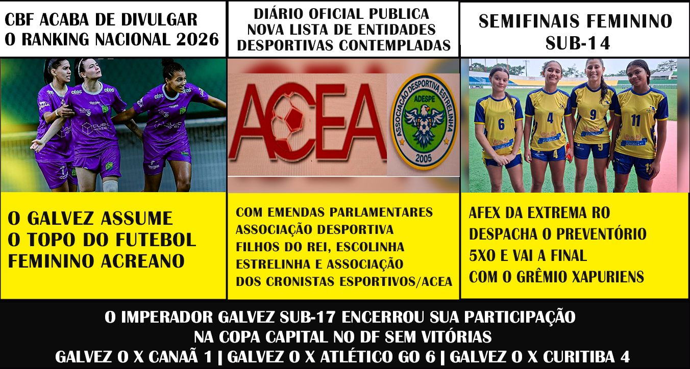CBF ACABA DE DIVULGAR O RANKING NACIONAL 2O26 O GALVEZ ASSUME O TOPO DO FUTEBOL FEMININO ACREANO